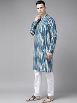 Buy Men's Blue Cotton Tie And Dye Print Straight Kurta Online - Front