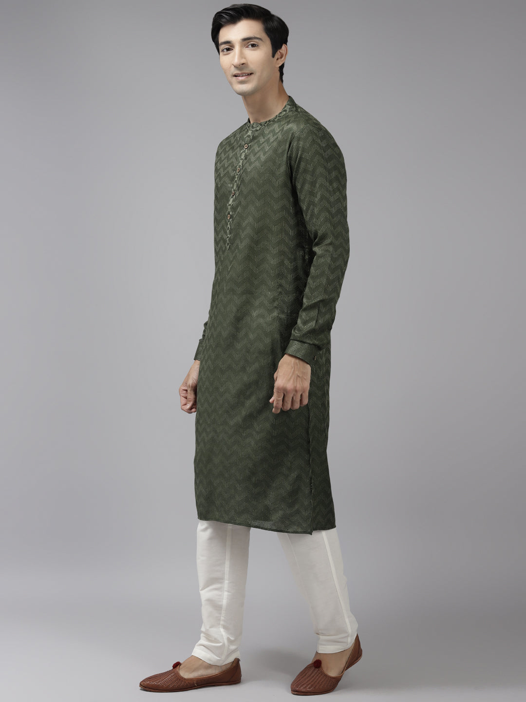 Buy Men's Green Art Silk Woven Thread Work Kurta Pajama Set Online - Front