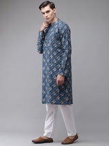 Buy Men's Blue Cotton Floral Printed Kurta Pajama Set Online - Front