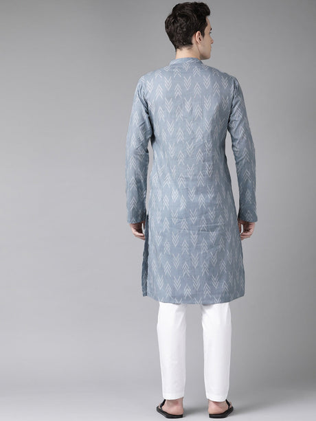 Buy Men's Grey Cotton Printed Kurta Pajama Set Online - Back