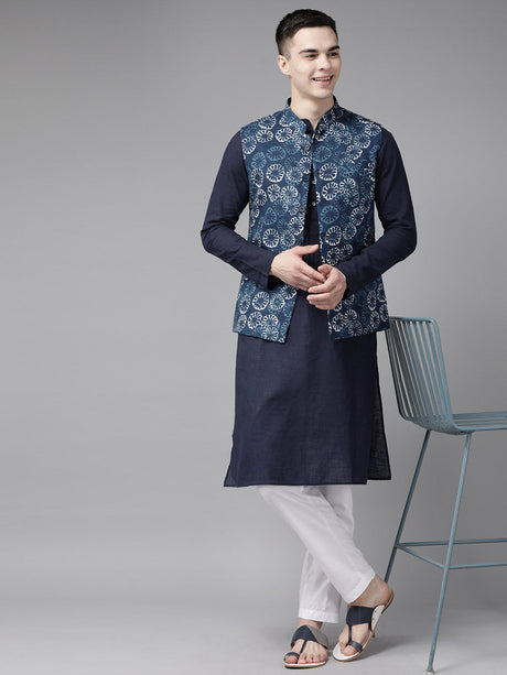 Buy Men's Blue Pure Cotton Printed Nehru Jacket Online