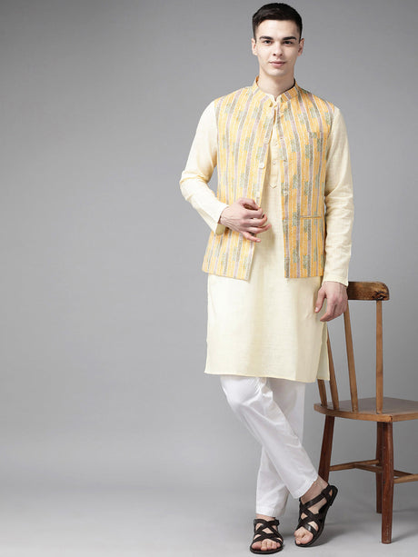 Buy Men's Yellow Pure Cotton Printed Nehru Jacket Online