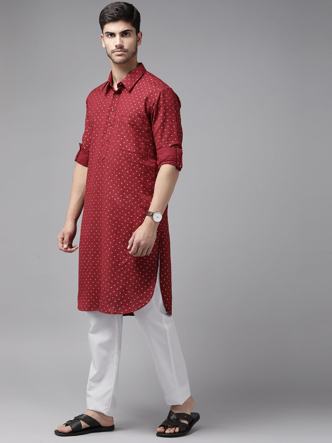 Buy Men's Maroon Pure Cotton Printed Pathani Set Online - Front