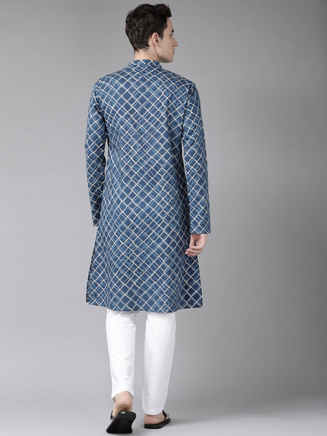 Buy Men's Blue Cotton Stripe Printed Kurta Pajama Set Online - Back