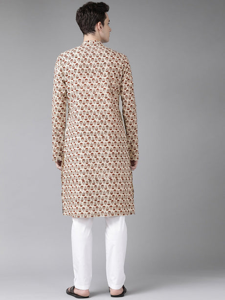 Buy Men's Beige Cotton Printed Kurta Pajama Set Online - Back