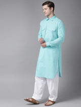 Buy Men's Sea Green Cotton Solid Pathani Set Online