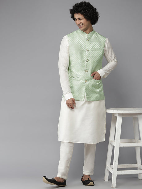 Buy Men's Green Art Silk Jacquard Woven Design Nehru Jacket Online - Back