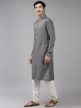 Buy Men's Grey Art Silk Woven Thread Work Kurta Pajama Set Online - Front