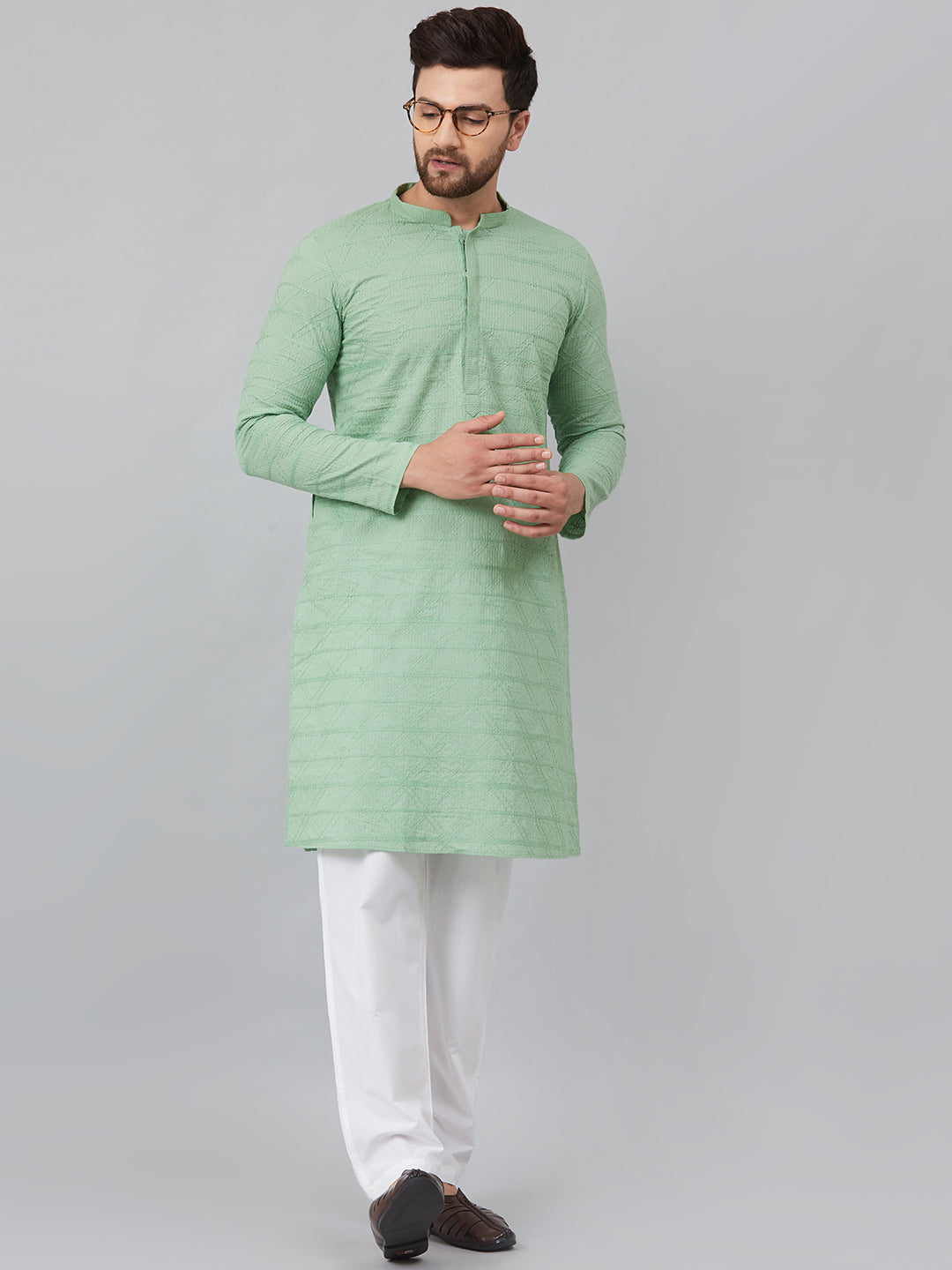 Buy Men's Green Cotton Chikankari Embroidered Kurta Pajama Set Online - Zoom In