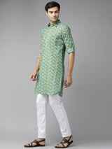 Buy Men's Green Pure Cotton Motif Printed Pathani Set Online - Front