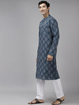 Buy Men's Blue Cotton Printed Straight Kurta Online - Front