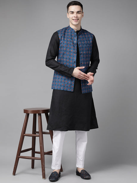 Buy Men's Blue Pure Cotton Printed Nehru Jacket Online