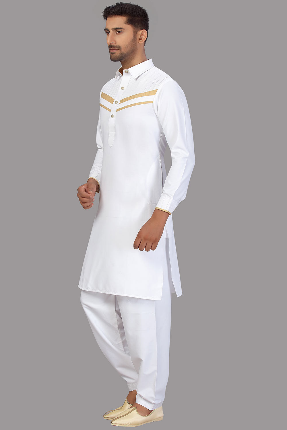 Buy Men's Blended Cotton Solid Pathani Set in White Online - Side