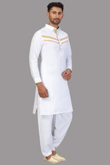 Buy Men's Blended Cotton Solid Pathani Set in White Online - Zoom In