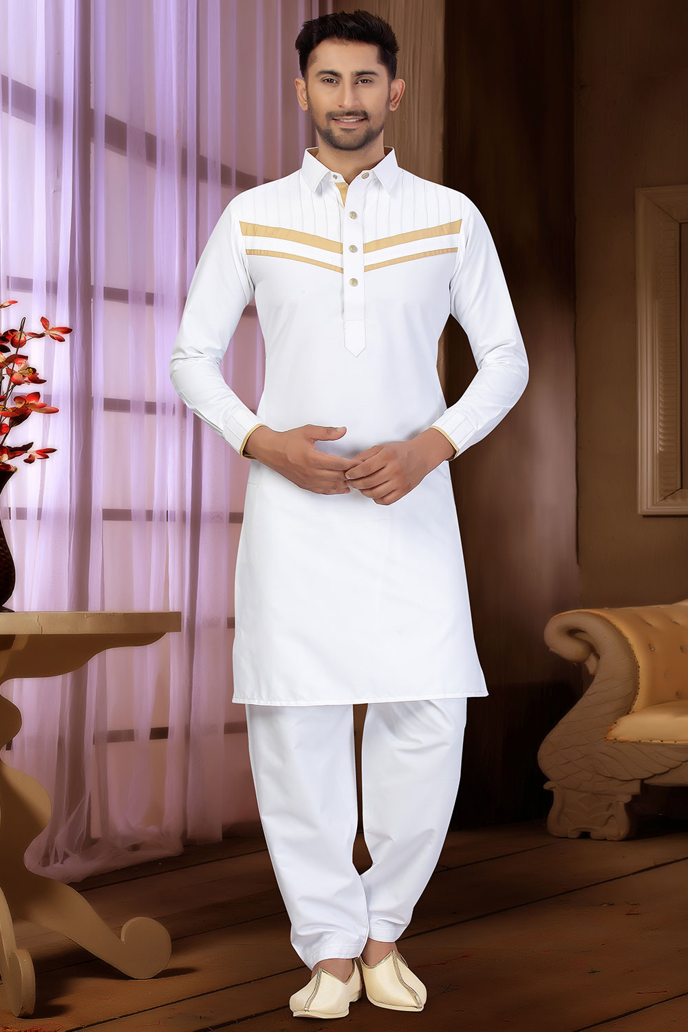 Buy Men's Blended Cotton Solid Pathani Set in White Online