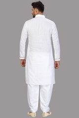 Buy Men's Blended Cotton Solid Pathani Set in White Online - Back