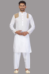 Buy Men's Blended Cotton Solid Pathani Set in White Online - Front