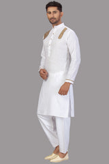 Buy Men's Blended Cotton Solid Pathani Set in White Online - Zoom In