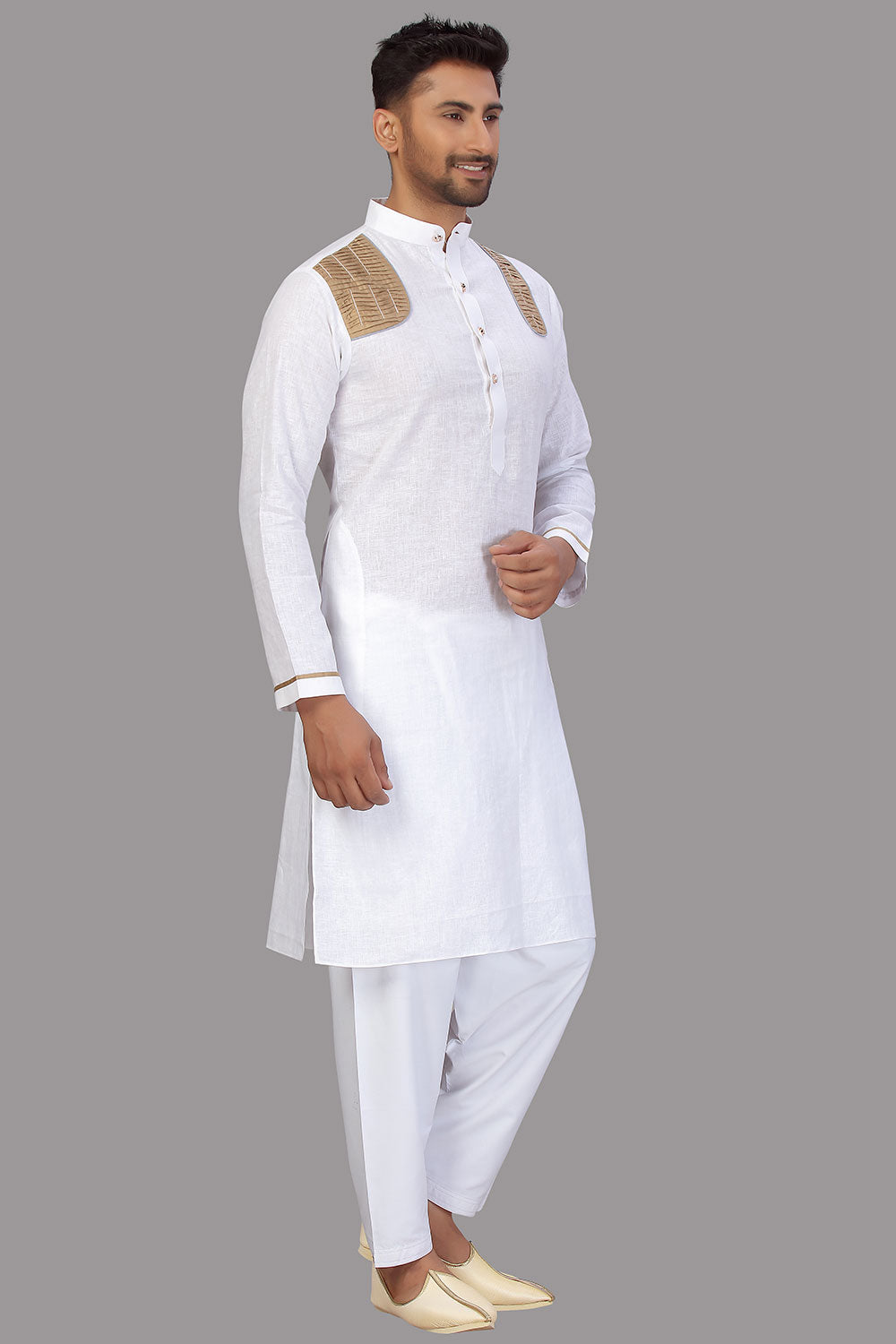 Buy Men's Blended Cotton Solid Pathani Set in White Online - Zoom Out