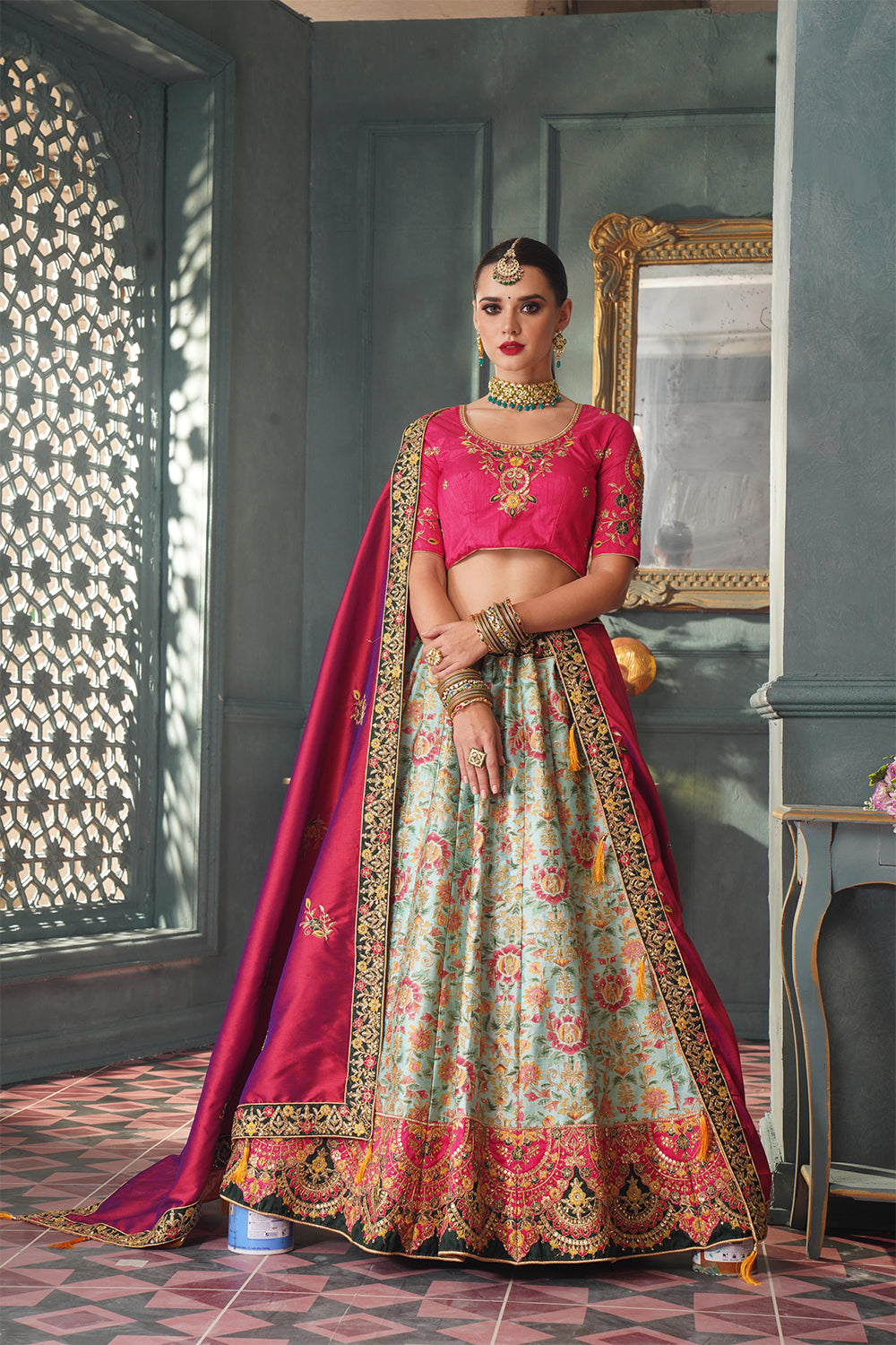 Buy Pure Silk Printed Lehenga Choli in Sea Green