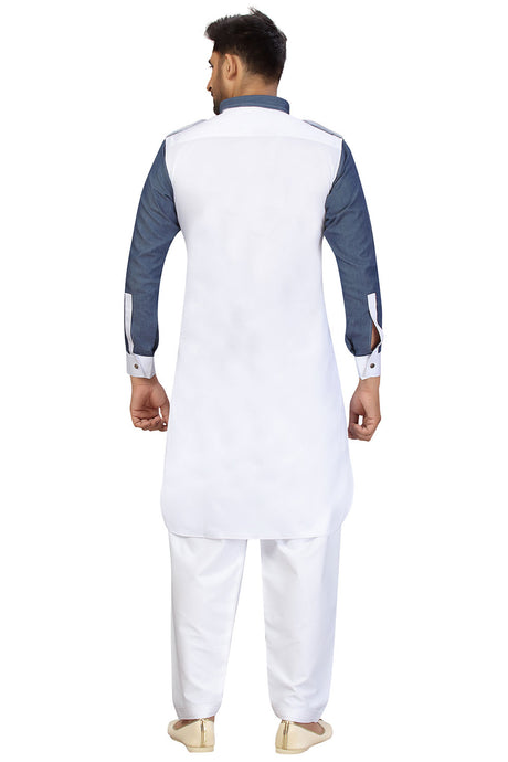 Buy Men's Blended Cotton Solid Pathani Set in White Online - Back
