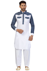 Buy Men's Blended Cotton Solid Pathani Set in White Online - Front