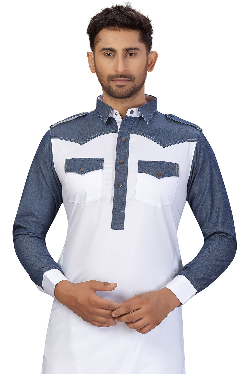 Buy Men's Blended Cotton Solid Pathani Set in White Online - Side