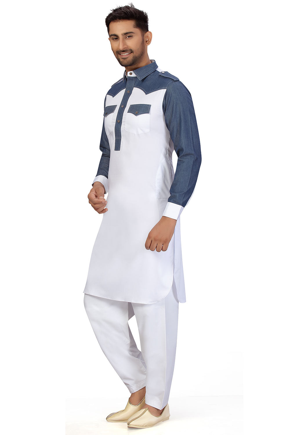 Buy Men's Blended Cotton Solid Pathani Set in White Online - Zoom In