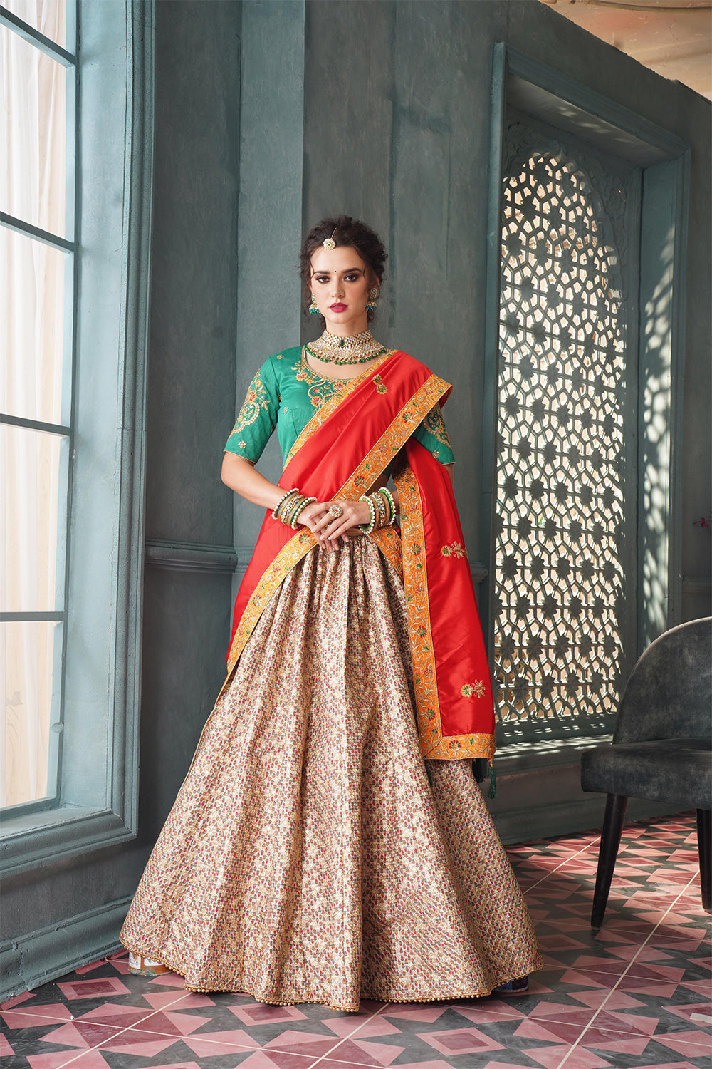 Buy Pure Silk Printed Lehenga Choli in Beige