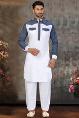 Buy Men's Blended Cotton Solid Pathani Set in White Online