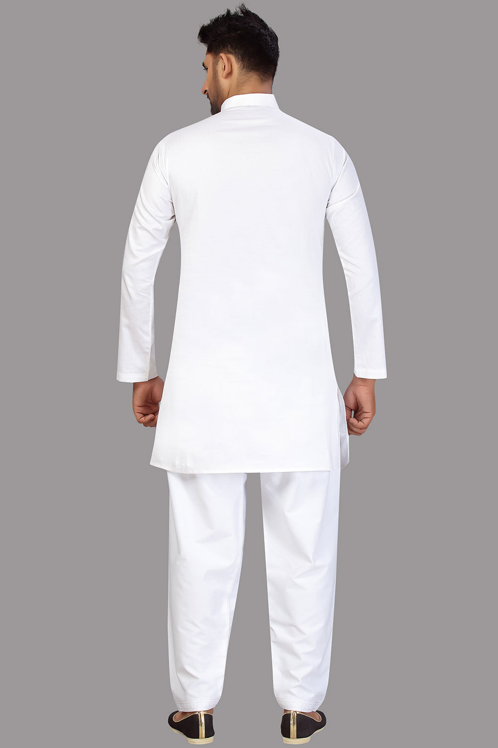 Buy Men's Blended Cotton Solid Pathani Set in White Online - Back