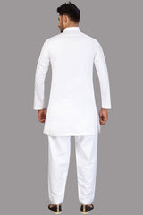 Buy Men's Blended Cotton Solid Pathani Set in White Online - Back