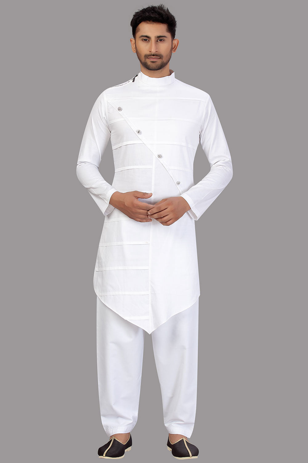 Buy Men's Blended Cotton Solid Pathani Set in White Online - Front