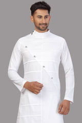 Buy Men's Blended Cotton Solid Pathani Set in White Online - Side