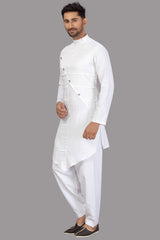 Buy Men's Blended Cotton Solid Pathani Set in White Online - Zoom In