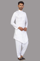 Buy Men's Blended Cotton Solid Pathani Set in White Online - Zoom Out