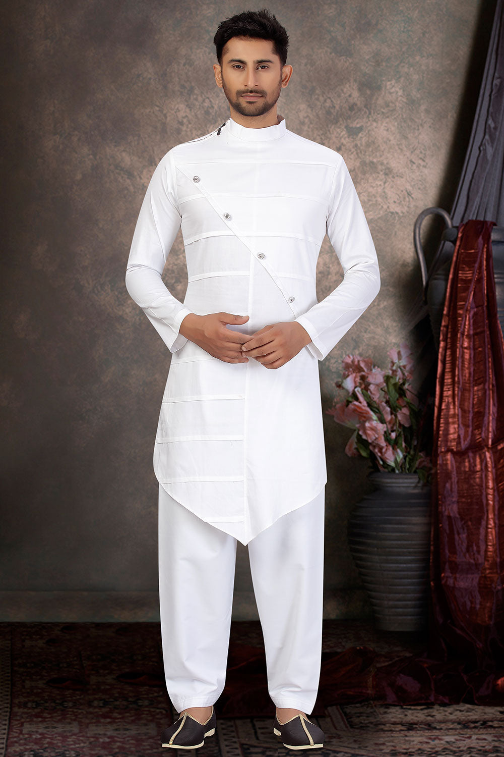 Buy Men's Blended Cotton Solid Pathani Set in White Online