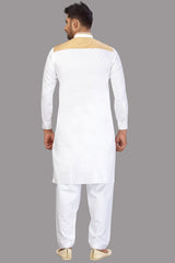 Buy Men's Blended Cotton Solid Pathani Set in White Online - Back