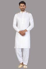 Buy Men's Blended Cotton Solid Pathani Set in White Online - Front