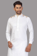 Buy Men's Blended Cotton Solid Pathani Set in White Online - Side