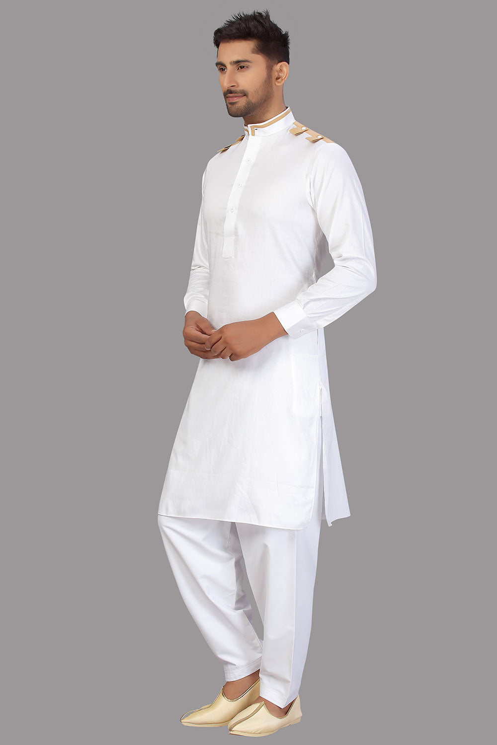 Buy Men's Blended Cotton Solid Pathani Set in White Online - Zoom In