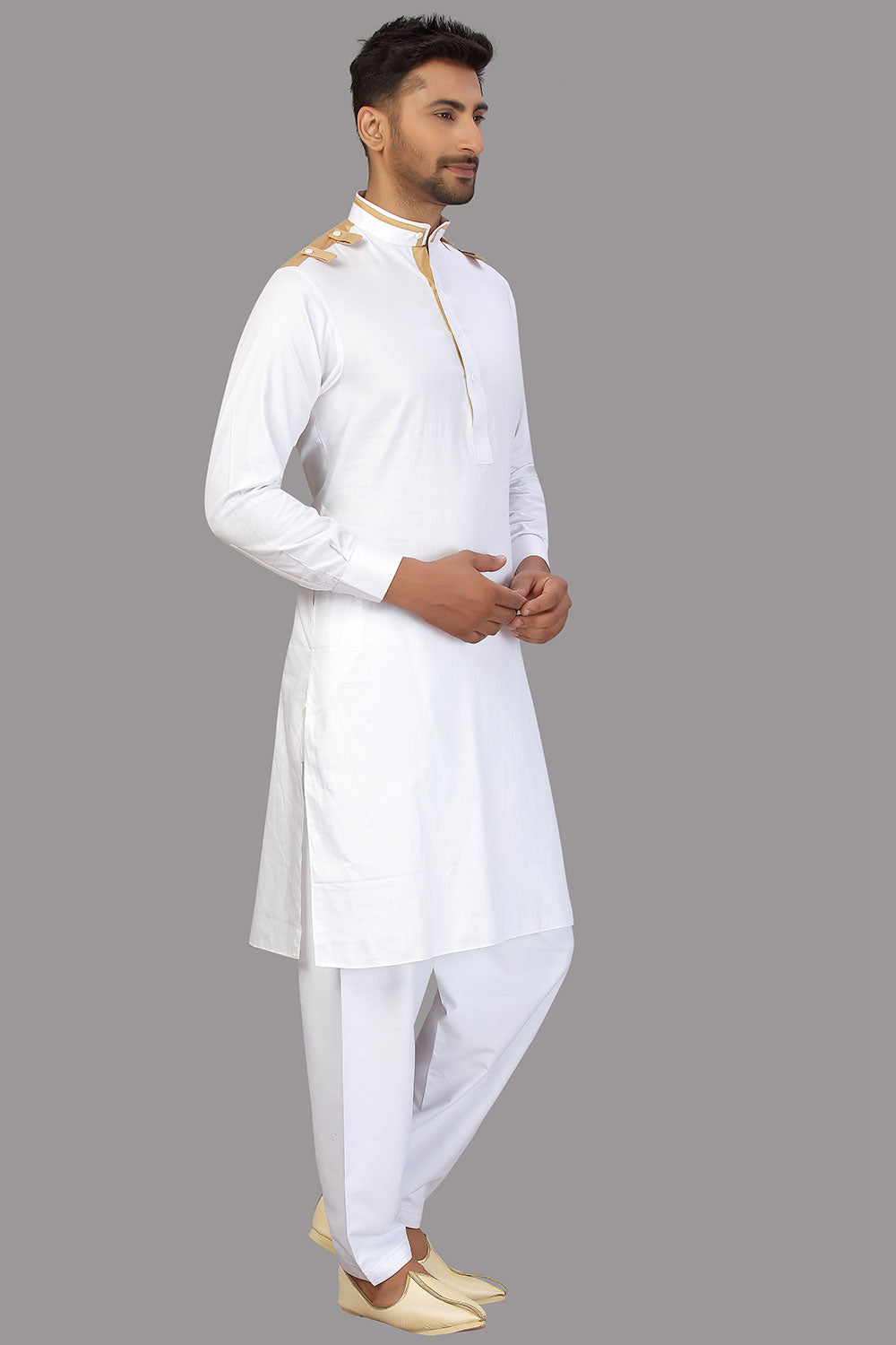 Buy Men's Blended Cotton Solid Pathani Set in White Online - Zoom Out