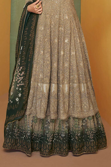 Brown Faux Georgette Embroidered Designer Suit