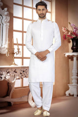 Buy Men's Blended Cotton Solid Pathani Set in White Online