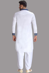 Buy Men's Blended Cotton Solid Pathani Set in White Online - Back