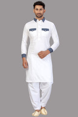 Buy Men's Blended Cotton Solid Pathani Set in White Online - Front