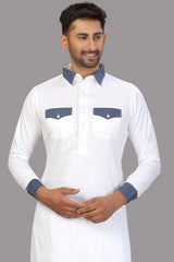 Buy Men's Blended Cotton Solid Pathani Set in White Online - Side