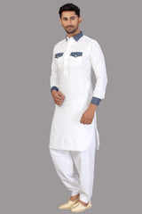 Buy Men's Blended Cotton Solid Pathani Set in White Online - Zoom In