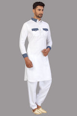 Buy Men's Blended Cotton Solid Pathani Set in White Online - Zoom Out