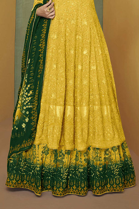 Yellow Faux Georgette Embroidered Designer Suit